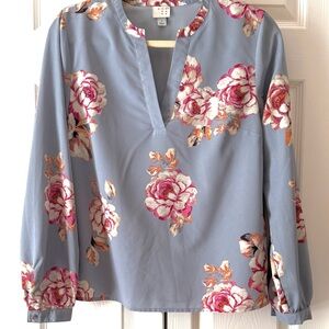 A new day Floral V-Neck Blouse - Blue and Pink, Size Small